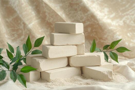Stacked white bricks with green leaves on a textured background in natural light photo