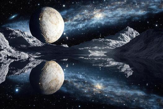 Vast alien landscape with reflective water and distant galaxies on a mysterious planet photo