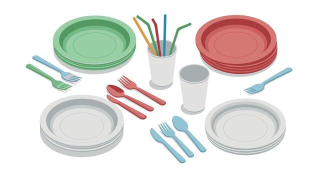 Colorful isometric dinnerware set with plates, utensils, and cups on white background vector
