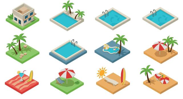 Isometric summer icons set with pools, beaches, palm trees, and surfboards vector