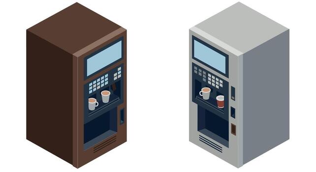 isométrica café venta máquinas con tazas en marrón y gris diseño vector