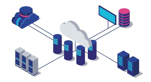 isométrica nube informática red con servidores y datos almacenamiento vector
