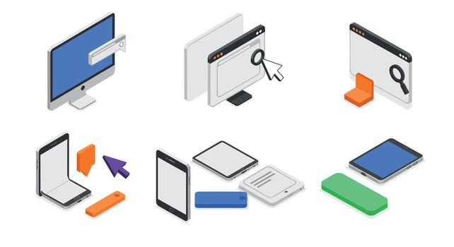 Isometric gadgets and search bar elements for modern digital design vector