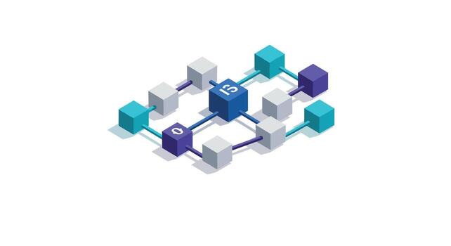 Isometric blockchain network concept with cubes and nodes in 3d design vector