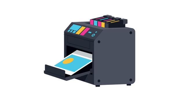 Modern printer with colorful ink cartridges and printed page in isometric design vector
