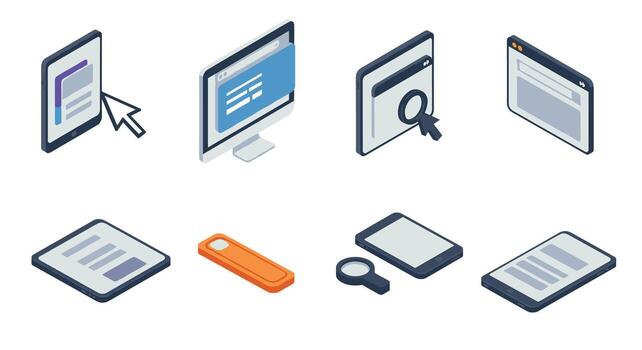 Isometric icons of digital interfaces and devices for web design and development vector