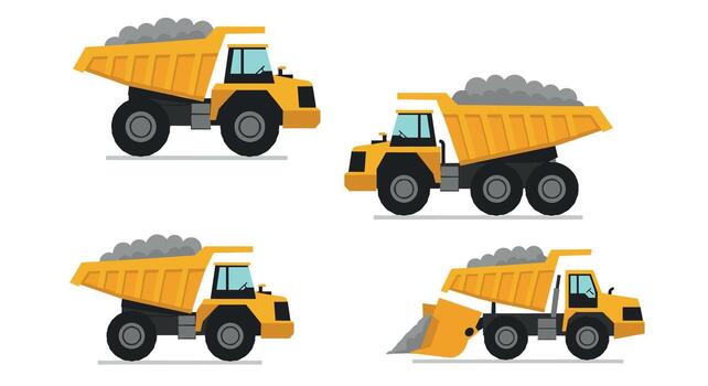 Construction dump trucks and loader set in flat style for infrastructure projects vector