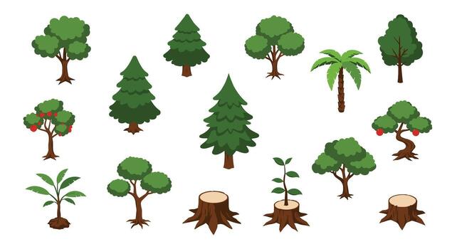 Lush tree collection with stumps and saplings on white background vector
