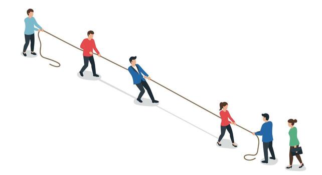 isométrica tirón de guerra con diverso negocio equipo tracción cuerda en contra oponiéndose lado vector