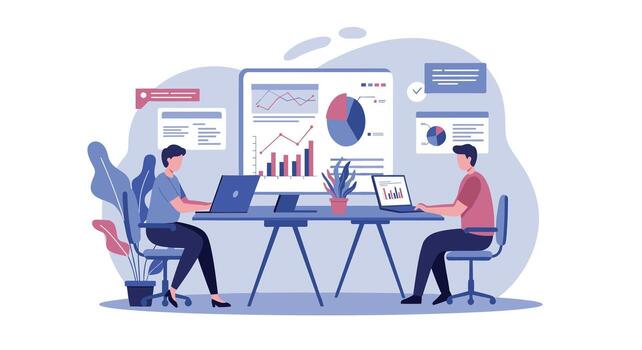 Business analysis collaboration with charts and graphs in modern office setting vector