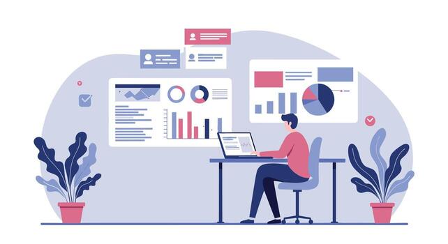 Data analyst working on laptop with charts and graphs in minimalist office space vector