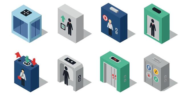 Isometric elevator and security icons set with modern designs vector