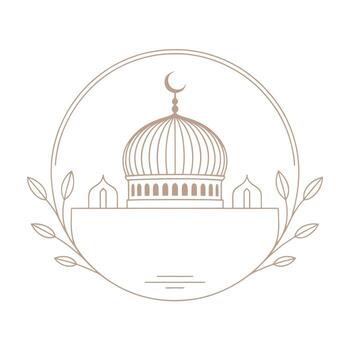 contorno mezquita edificio arquitectura con un Hazme y minaretes en mínimo estilo. creciente Luna en parte superior de Hazme con hoja rama circulo marco. islámico sitio de culto. vector