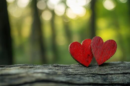 Two red wooden hearts on a rustic wooden surface in a tranquil forest setting photo