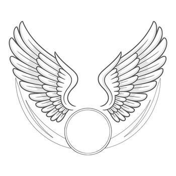 Pair of gracefully spread wings frame empty round space, ideal for crest, insignia, or personalized branding. Monochrome outline drawing, emblem component. vector