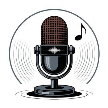 Old-fashioned microphone with audio waves and single note. Studio equipment for podcast or broadcast. Broadcasting voice. Sound recording device. vector