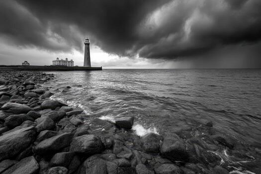 Lighthouse on rocky coast under dark stormy clouds in monochrome photo