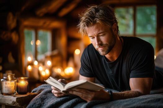 Man reading a book by candlelight in cozy cabin photo