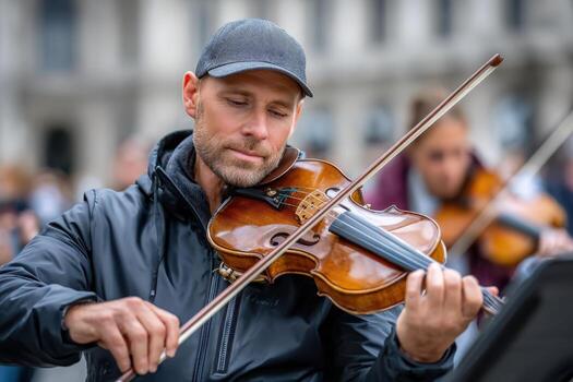 Violinist Plays with Passion in City Square photo