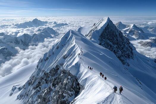 Climbers Ascending Snowy Mountain Ridge Above the Clouds photo