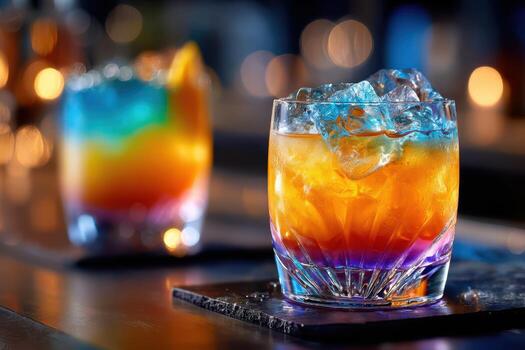 Colorful cocktails on bar counter with bokeh background photo