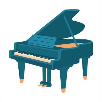 un azul grandioso piano con un abierto tapa y sábana música poseedor. el piano tiene un pulido terminar y es conjunto en contra un llanura antecedentes. vector