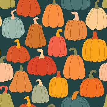 Different colored pumpkins on dark background create seamless pattern vector