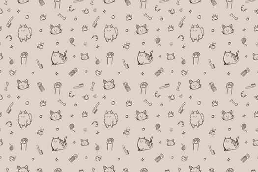 Seamless Cute Cat Pattern with Pet Elements and Paw Prints vector