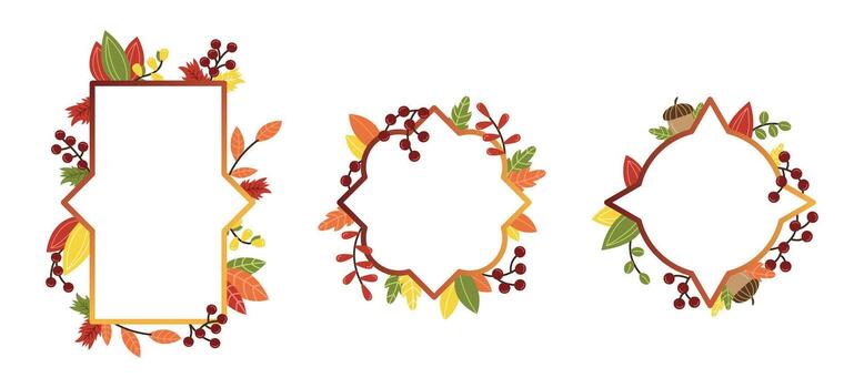 Autumn flat frame in circle shape on white isolated background. Leaves, berries and acorns. vector