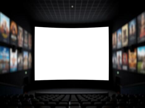 An empty theater with a large screen and empty seats a hd pic photo