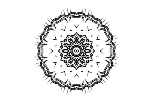 Symmetrical black and white mandala illustration with circular layers of loops triangles and geometry vector