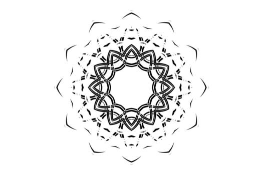 Black and white symmetrical mandala with concentric triangles circles and interlocking line patterns vector