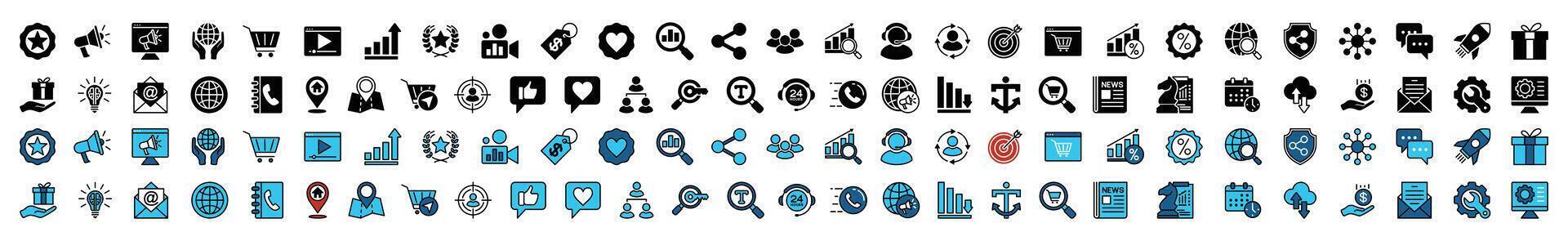 Digital marketing icon set. Contains advertising, business, ranking, shopping, seo, social media, data analytics, e-commerce, network, presentation, website, strategy, chart - illustration vector