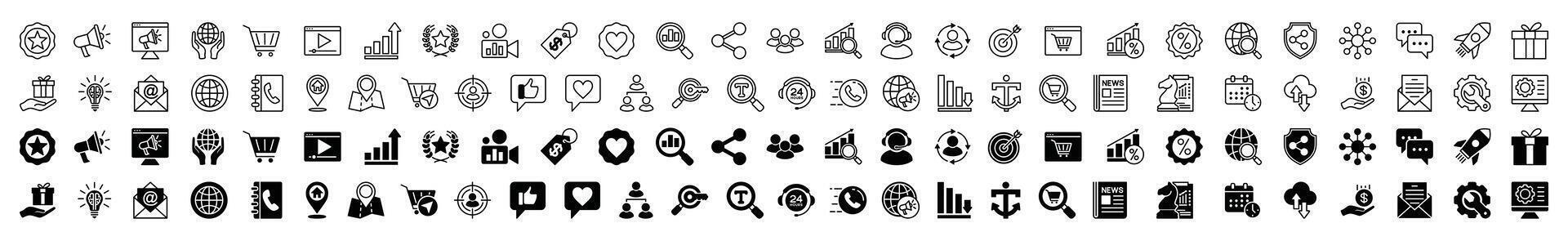 Digital marketing line and flat icon set. advertising, business, ranking, shopping, seo, social media, data analytics, e-commerce, network, presentation, website, strategy, chart and other vector