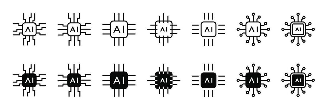ai chip processor outline icon set vector