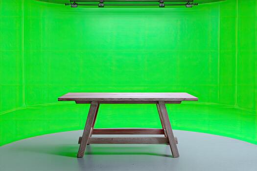 Empty wooden table in a green chroma key studio photo