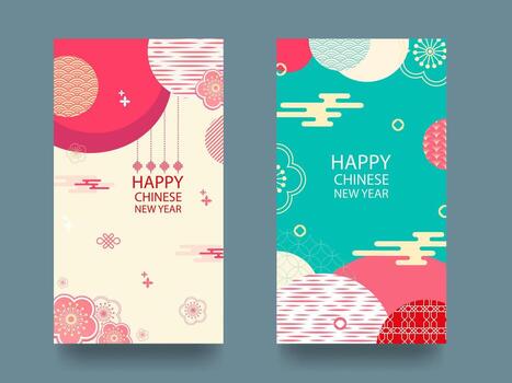 Happy Chinese New Year A set of greeting cards and envelopes featuring traditional geometric patterns and lanterns. Light background vector