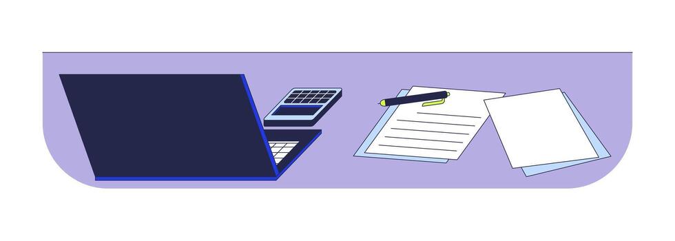 Office desk with laptop, calculator and paperwork 2D cartoon object. Tax work, accounting. Workspace setup with pen, documents isolated element flat clip art on white. Spot illustration vector