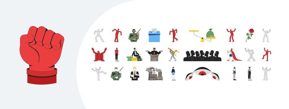 Red raised fist among diverse icons vector