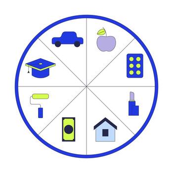 Budget allocation pie chart 2D cartoon object. Segmented piechart with categories car, food, education, home, healthcare, expenses isolated element flat clip art on white. Spot illustration vector