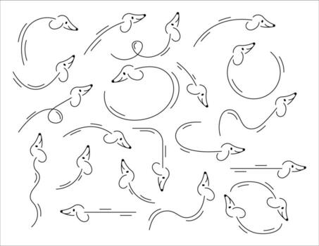 Minimalist dog arrows set, abstract dachshund-inspired line art, whimsical pet navigation symbols, playful outline icons for creative projects and motion design vector