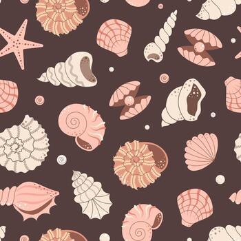 Seamless pattern with shells and mollusks. Flat illustration. vector