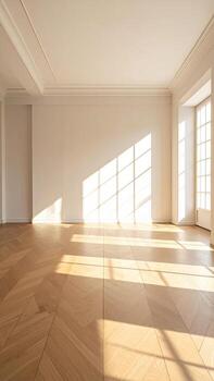Empty sunlit room with parquet floor and large windows photo