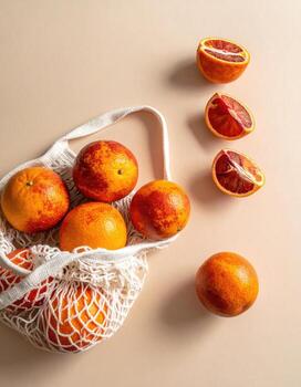 Fresh blood oranges in a mesh bag, surrounded by slices photo