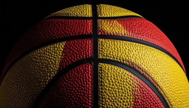 Close-up of a basketball, yellow and red, with black stitching photo