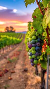 Vineyard at sunset, a cluster of grapes photo