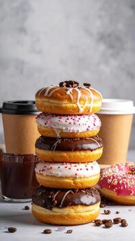 Stacked donuts with coffee drinks photo