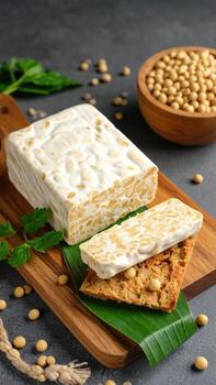 A block of tempeh, sliced, on a wooden board with soy beans photo