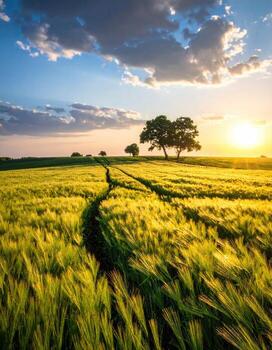 Golden wheat field at sunset. A path winds through a vibrant field of ripening wheat at sunset. Silhouette of a tree line, dramatic clouds, and a soft golden light photo