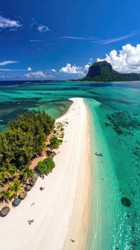 Aerial view of a tropical island beach. A pristine white sand beach stretches out, with turquoise water lapping gently. Palm trees and huts line the shore. A volcanic peak is visible in the distance photo
